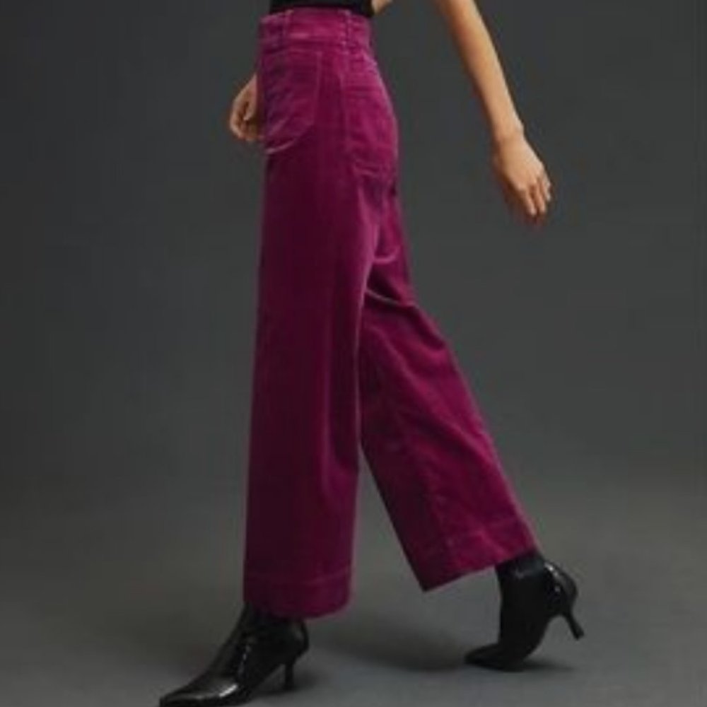 Anthropologie Colette Cropped Wide-Leg Corduroy Pants Grape Size 30 (NWT)